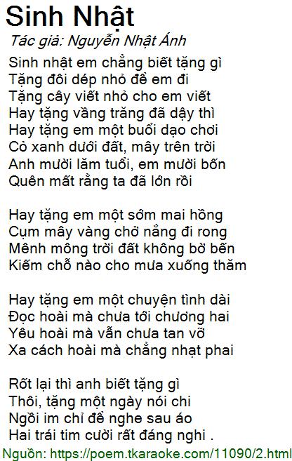 Loi bai tho Sinh Nhat (Nguyen Nhat Anh)