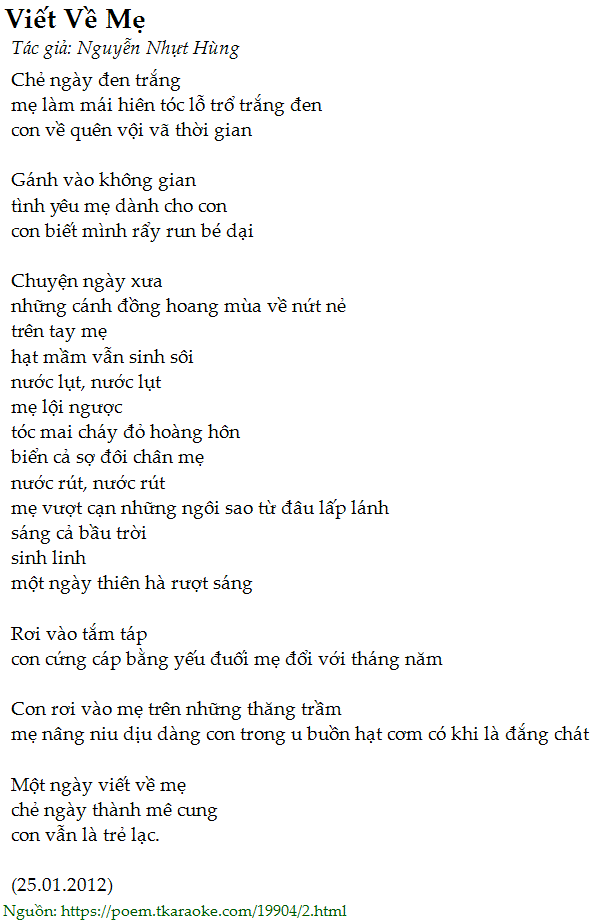 Loi bai tho Viet Ve Me (Nguyen Nhut Hung)